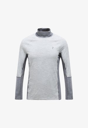 Gray long-sleeve sports top with a high collar, featuring a textured fabric and contrasting trim along the sleeves.