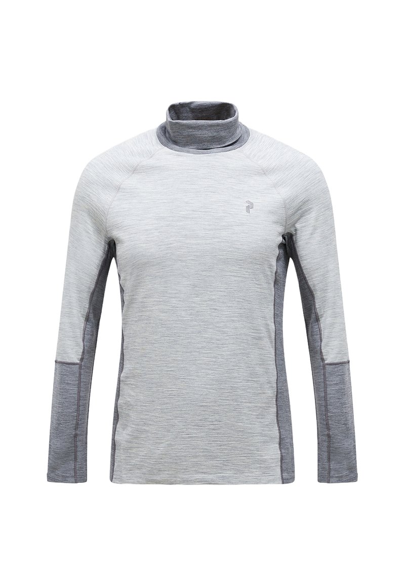 Top sportivo grigio a maniche lunghe con colletto alto, caratterizzato da un tessuto testurizzato e finiture a contrasto lungo le maniche.