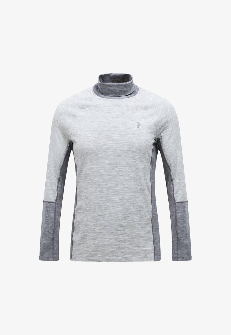 Top sportivo grigio a maniche lunghe con colletto alto, caratterizzato da un tessuto testurizzato e finiture a contrasto lungo le maniche.
