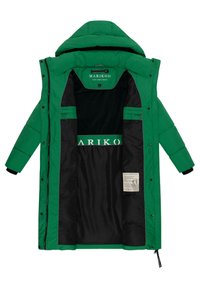 Grüne gepolsterte Parkajacke mit Reißverschluss und Druckknopfverschluss, schwarzer Innenausstattung, zwei Innentaschen und einem Logolabel auf der Innenseite.