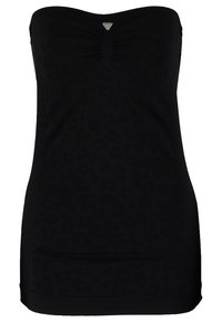 Mini-robe noire bustier avec texture subtile imprimé léopard et petit logo métallique triangulaire au centre de l'encolure.