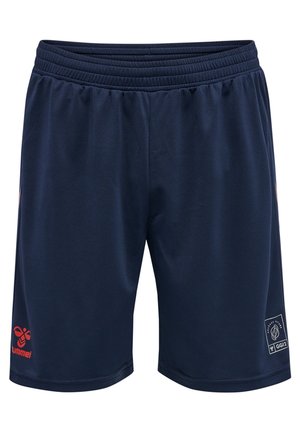Marineblaue Sportshorts mit elastischem Bund, rotem Hummel-Logo am linken Bein und weißem Grafikdruck mit Text am rechten Bein.