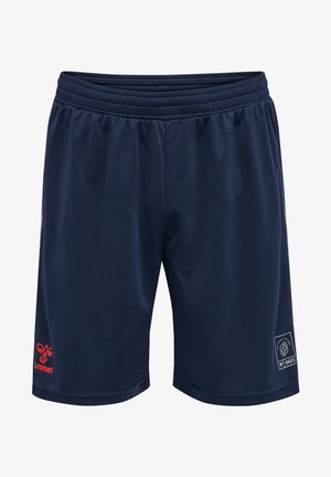Marineblå atletikshorts med elastisk talje, rød Hummel-logo på venstre ben og hvid grafik med tekst på højre ben.