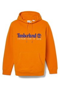 Felpa arancione in cotone misto, con tasca frontale, cappuccio regolabile e logo ricamato "Timberland ESTABLISHED 1973" in blu.
