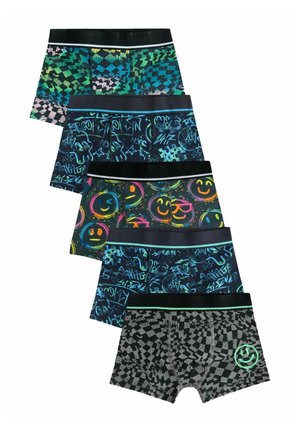 Fem par drenges boxer briefs med forskellige farverige mønstre, herunder graffiti, smiley-ansigtter og geometriske designs, med sorte taljer.