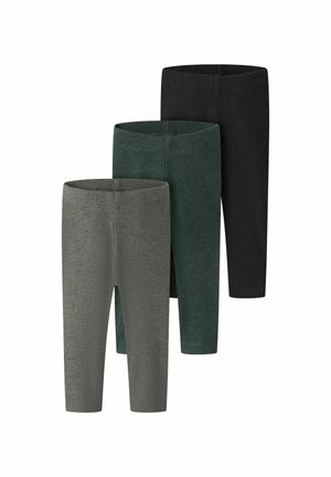Trois paires de leggings côtelés en gris, vert foncé et noir, disposées en chevauchement sur un fond blanc uni.