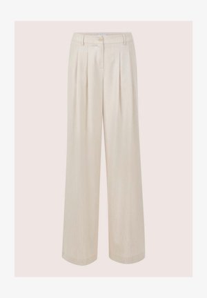 Beige wijde broekspijpen gemaakt van lichtgewicht stof, met een hoge taille, voorplooien en een knoopsluiting in de taille.