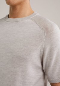 Suéter de punto gris claro con cuello redondo clásico, mangas cortas y textura sutil. Presenta costuras raglán y puños acanalados para un mejor ajuste.