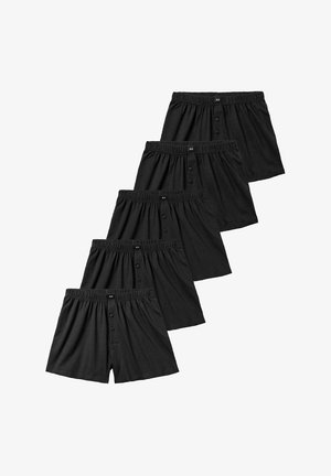 Schwarze Baumwollboxershorts im Fünferpack, mit elastischem Bund, Knopfverschluss und lockerer Passform. Glatte Textur und schlichtes Design.