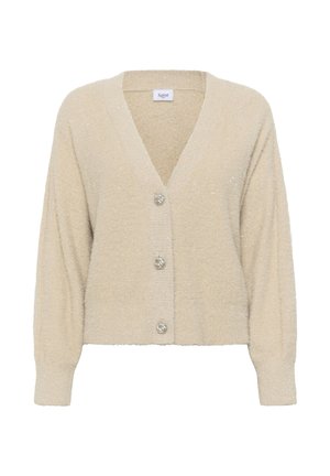Cardigan de culoare crem, dintr-un material texturat, cu decolteu în V, mâneci lungi și trei nasturi decorativi argintii în față.