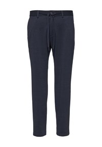 Pantalons à motif bleu marine avec une taille à cordon. Design à jambe effilée, présentant un motif à carreaux subtil et un tissu léger.
