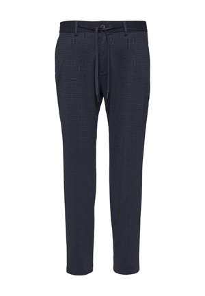 Granatowe spodnie w wzory z elastycznym pasem. Zwężana nogawka, z dyskretnym wzorem w kratę i lekkim materiałem.