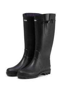 Bottes de pluie en caoutchouc noir avec une texture lisse, une semelle robuste et un détail de sangle ajustable près du haut. L'intérieur présente un doublure violette.
