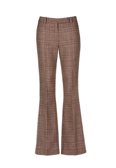 High-waist women's trousers with brown, black, and red checkered plaid pattern and slight flare leg cut.