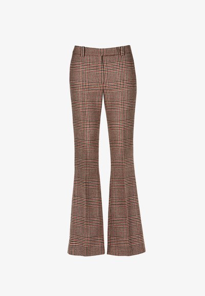 Pantalones de cintura alta para mujer con un patrón de cuadros en tonos marrón, negro y rojo, y un ligero corte acampanado en las piernas.
