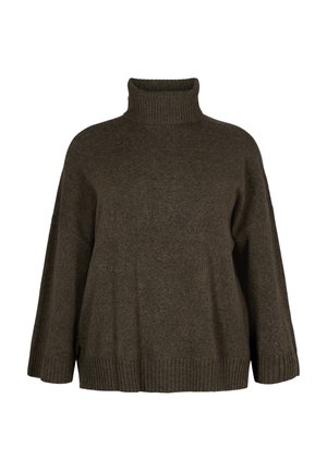 Sweter pulower w ciemnozielonym kolorze, z wysokim prążkowanym kołnierzem, szerokimi rękawami i prążkowanym dołem. Miękka tekstura i luźny krój.
