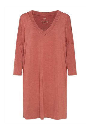 Tunika o luźnym kroju z dekoltem w serek w miękkim, koralowym materiale z rękawami o długości trzech czwartek i prostym hemem, charakteryzująca się gładką teksturą i minimalnym zdobieniem.