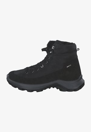 Schwarze Wanderschuhe mit Obermaterial aus Wildleder, Gummisohle, hoher Schuhform, Metallösen und einer Zuglasche auf der Rückseite für einfaches Anziehen.