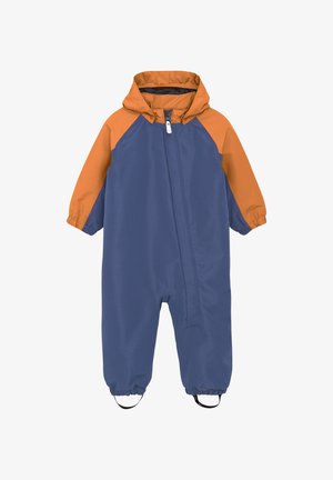 Waterdichte een-piece overall met een blauwe body en oranje mouwen, voorzien van een rits aan de voorkant, een capuchon en elastische manchetten met schoenriemen.