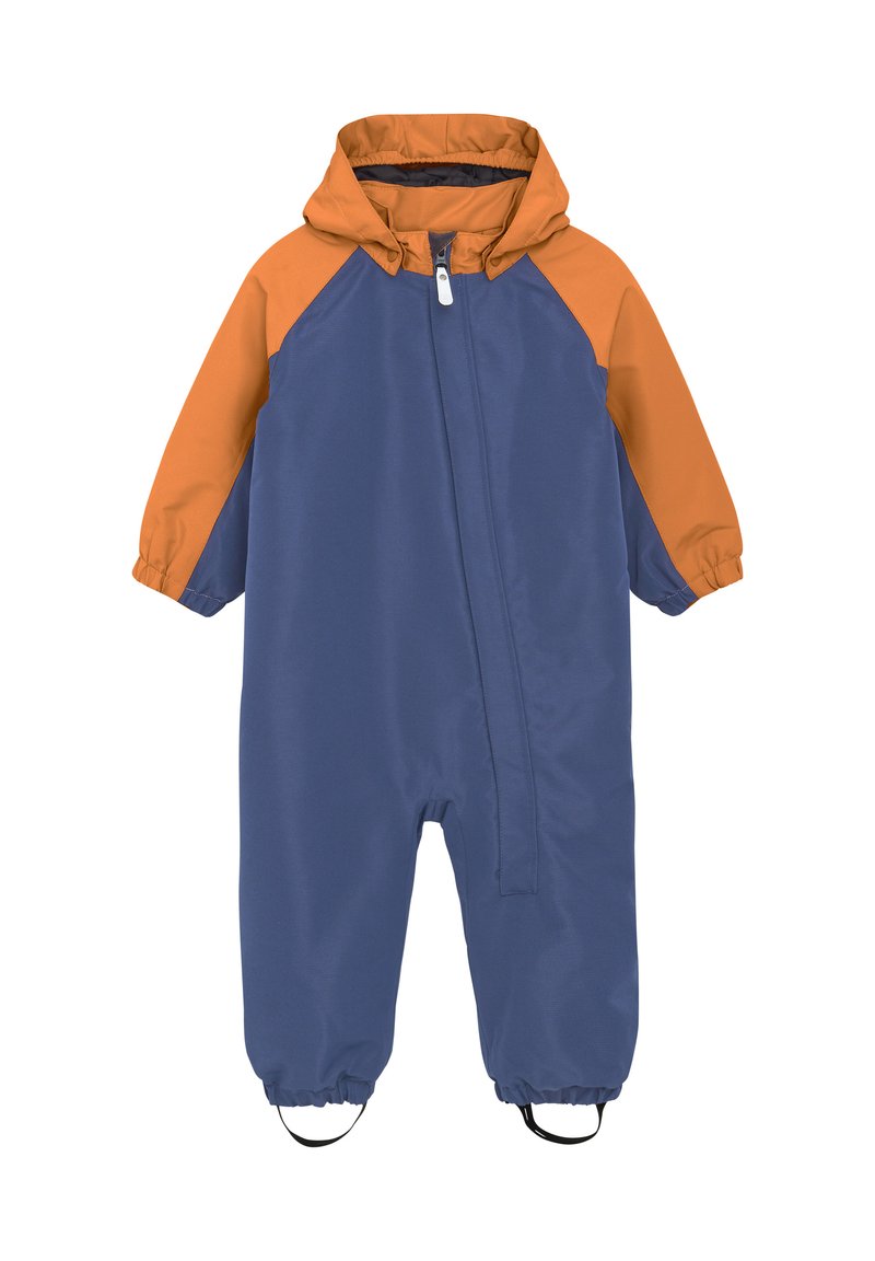 Vattentåligt one-piece jumpsuit med blå kropp och orange ärmar, med dragkedja fram, huva och elastiska ärmmuddar med skoremmar.