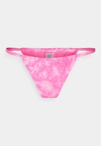 Parte inferior de bikini com padrão em tie-dye rosa e tiras laterais finas. Feita de um tecido suave, apresenta um pequeno detalhe de logo próximo à cintura.