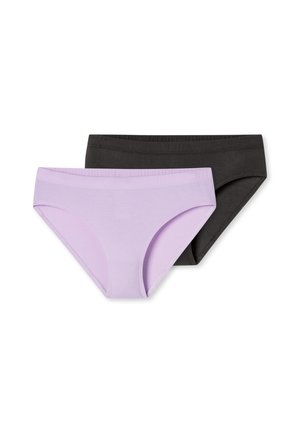 Zwei Damen-Bikini-Unterhosen in einfarbigen Varianten, eine hellviolett vorne und eine schwarze dahinter, auf weißem Hintergrund gezeigt.