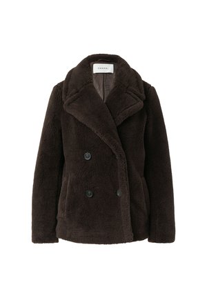 Brown double-breasted coat made of soft, textured fabric with a wide lapel and two black buttons. Interior features a smooth lining.