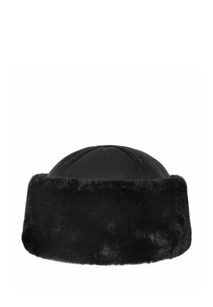 Chapeau d'hiver en cuir noir avec une large bordure en fourrure douce autour du bord, conçu pour la chaleur et la protection contre le froid.