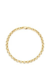 Gold chain bracelet featuring interconnected oval links and a secure clasp, showcasing a smooth, shiny texture.