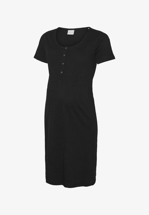 Black maternity dress with short sleeves, scoop neck, front button placket, and mid-length cut. Made from soft, stretchy material.