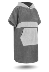 Grauer Kapuzen-Poncho aus weichem Frottee-Stoff mit einem hellgrauen Vorderteil und einer sowie einer Reißverschlusstasche in Form eines Sechsecks. Mit kurzen Ärmeln und einem abgerundeten Saum.