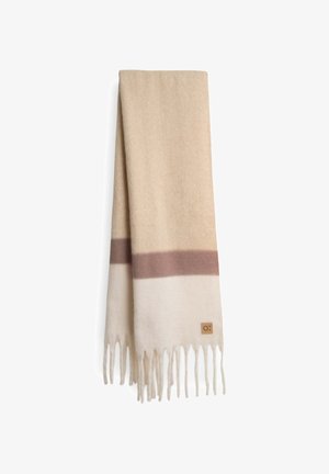 Wool blend scarf featuring a beige body, a pink stripe, and white ends, with fringed edges and a small branded tag at one corner.