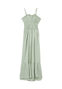 Light green maxi dress made from soft fabric. Features ruffled straps, gathered bodice, and a flared hem with a tiered design.