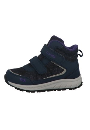 Mørkeblå barne joggesko med glitrende stoff, borrelåsremmer, lilla detaljer, gummisåle og polstret krage for komfort.