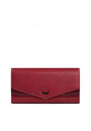 Red leather wallet with a textured finish, featuring a flap closure and a logo embossed on the front. Concave shape at the flap edge.
