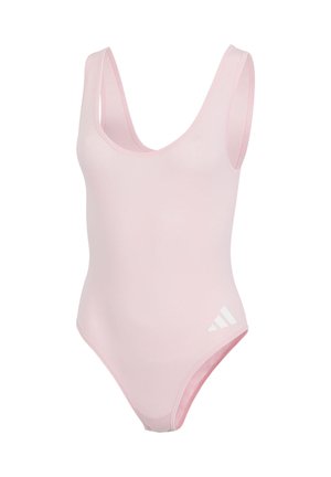 Vaaleanpunainen yksiosainen uimapuku, jossa on pyöreä pääntie ja leveät olkaimet. Valmistettu sileästä, joustavasta materiaalista. Valkea logo-ompelukoriste lähellä lantiota.