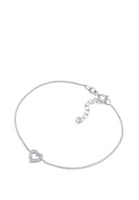 Silverfärgad kedjearmband med ett hjärtformat hänge, med en rad små inbäddade klara ädelstenar och en säker låsning med kräftklor.