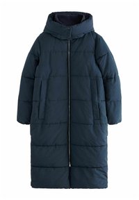 Lång mörkblå puffjacka med huva, som har dragkedjestängning, sidofickor och horisontellt quiltat mönster för extra textur.