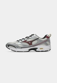 Running shoes with a silver mesh upper, dark red accents, black laces, padded collar, and white sole featuring a textured tread design.