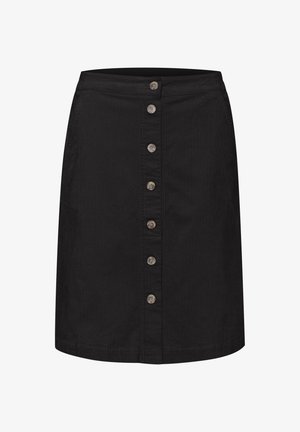 Black corduroy skirt with a straight cut, featuring a front button closure and vertical ribbed texture. Buttons made of silver metal.