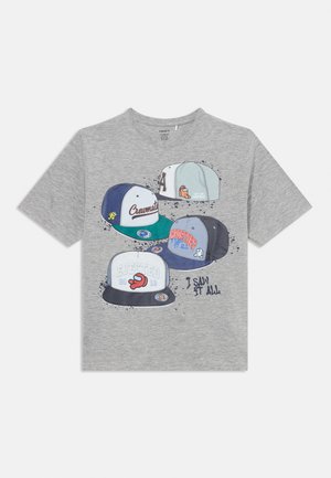 Gray short-sleeve T-shirt with graphic of four colorful baseball caps featuring text like "Crewmate," "Impostor," and "Ejected 2018."