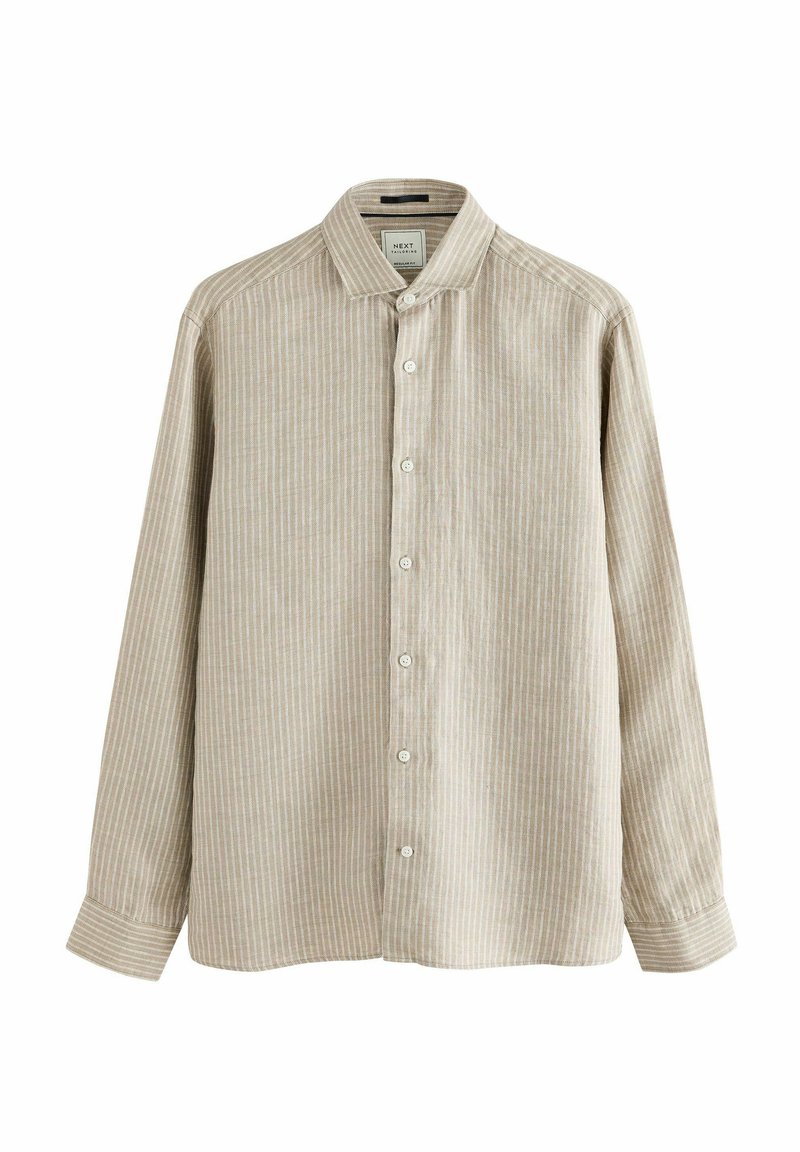Tan en crème gestreepte blouse met lange mouwen en een kraag. Beschikt over een relaxte pasvorm en lichte, textuurrijke stof.