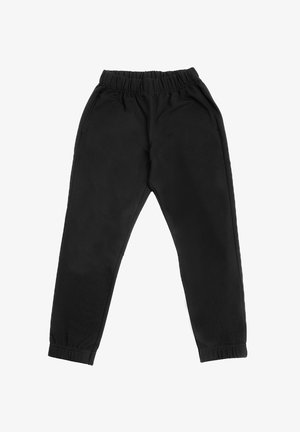 Czarne dresy z elastycznym pasem, zwężanymi nogawkami i ściągaczami przy kostkach. Wykonane z miękkiego materiału o gładkiej fakturze i bez wzorów.