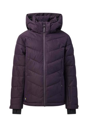 Veste matelassée violet foncé avec capuche, fermeture éclair à l'avant et poignets avec trou pour le pouce, présentée sur fond blanc.