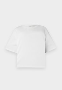 T-shirt blanc court en coton lisse, avec un col rond et des manches courtes et larges. Design simple et épuré sans motifs visibles.