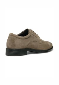 Zapato de ante marrón con un perfil bajo, puntera redondeada y diseño de cordones con cinco ojetes. La suela es negra y texturizada para ofrecer agarre.