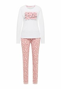 Langärmliges weißes Pyjamaoberteil mit rosa Leopardenmuster und Schriftzug. Passende rosa Leopardenmuster-Hose aus weichem Stoff mit elastischem Bund.