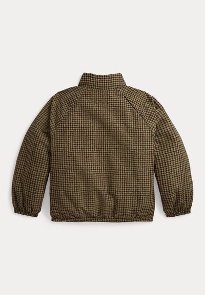 Καφέ και πράσινο σακάκι με μοτίβο houndstooth, μακριά μανίκια, ελαστικά μανσέτες, ψηλό γιακά και ελαστική μέση, εμφανίζεται από πίσω.