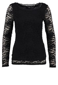 Czarna koronkowa bluzka z długim rękawem, ozdobiona kwiatowym wzorem, z okrągłym dekoltem i przejrzystymi rękawami. Miękka w dotyku, o dopasowanym kroju.