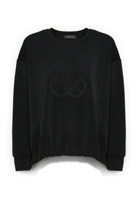 Schwarzer Pullover aus weichem Stoff, mit einem strukturierten, tonalen Logo in der Mitte, gerippten Bündchen und einem leicht verkürzten Saum.